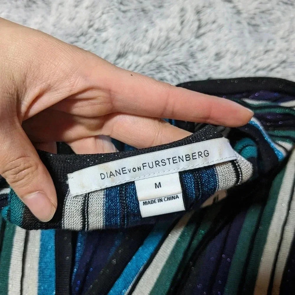 Diane Von Furstenberg Metallic Dress Cadenza Knit Wrap Blue Green Medium Midi - Picture 5 of 10